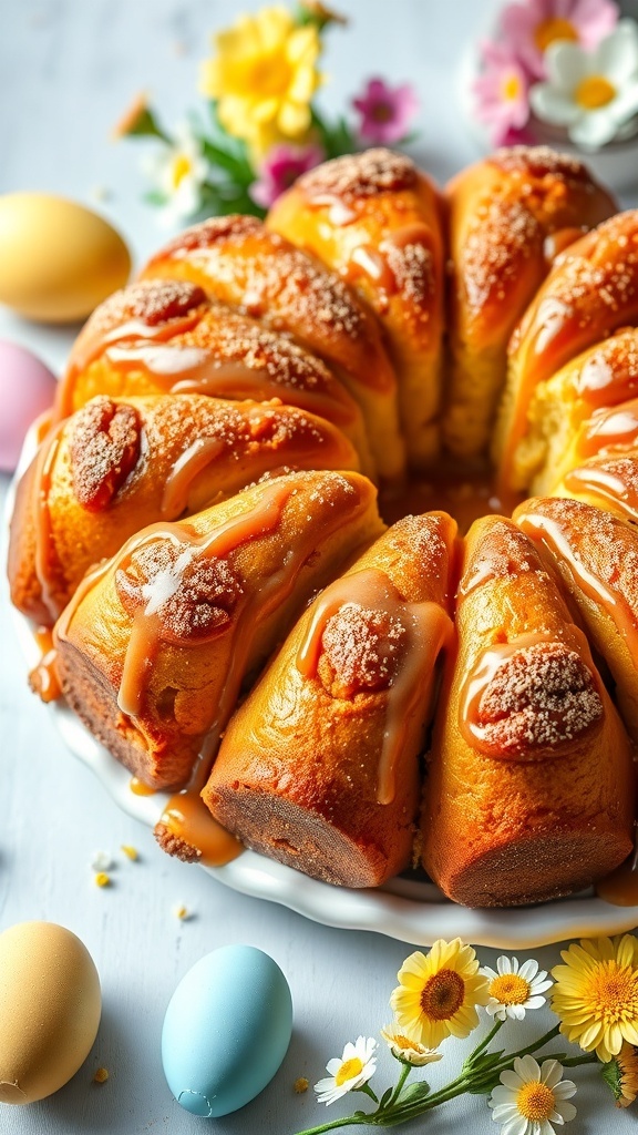Easter Monkey Bread Recipe A delicious Easter monkey bread with cinnamon sugar, drizzled with glaze, surrounded by Easter decorations.